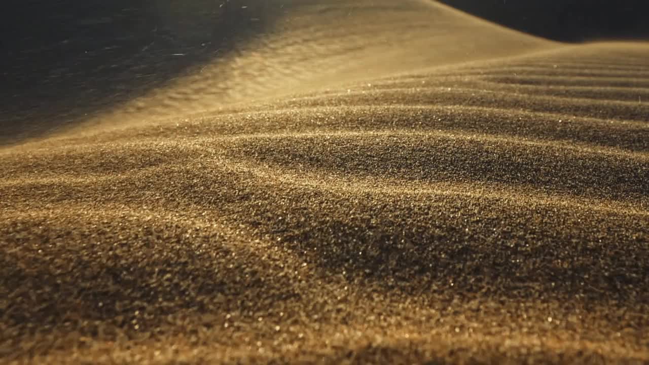 沙漠中的沙尘暴。微距拍摄的沙粒被风吹走。在落日的余晖中，摄像机沿着沙漠中的沙丘表面移动。沙子在风中飘动。慢镜头视频下载