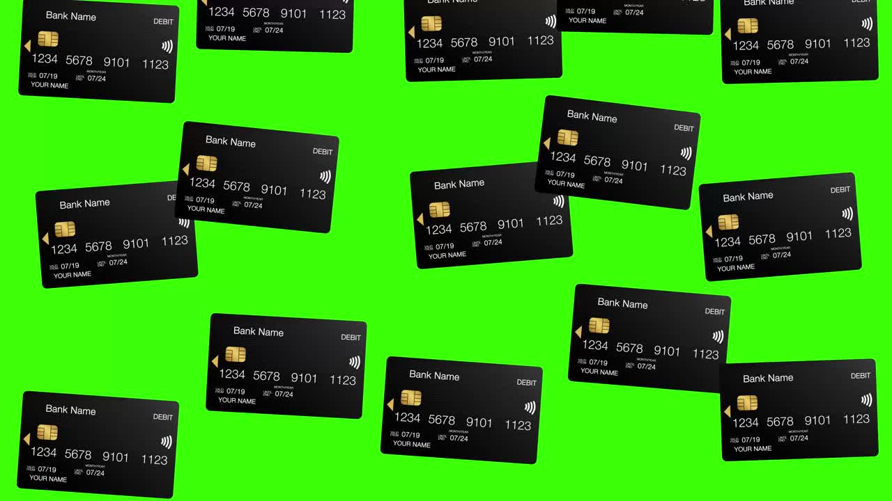 黑色借记卡动画下雨在绿色屏幕4k。现代银行和金融概念视频下载