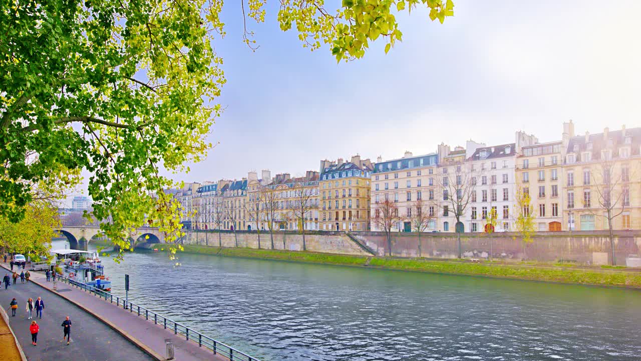 巴黎。树。平静的巴黎。河。春天的树。旧住宅区。早上运动视频下载