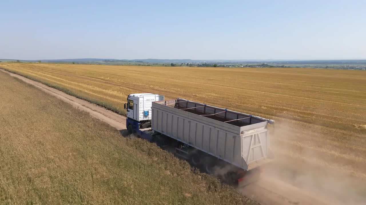 卡车货运卡车在农业麦田之间的土路上行驶的鸟瞰图。收获季节联合收割机收获后的谷物运输视频下载