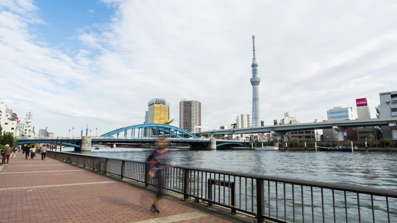 超延时的人们漫步在隅田河，汽车交通运输在日本浅草，东京天空树的城市景观。亚洲旅游地标，亚洲旅游目的地，还是日本城市生活视频下载