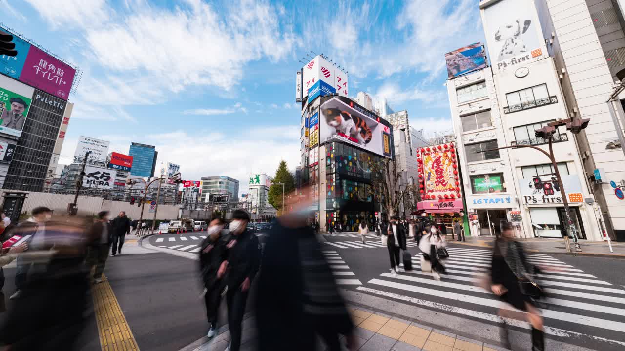 时间流逝的汽车交通运输，拥挤的人走在新宿购物区十字路口。东京旅游景点地标，日本旅游，亚洲交通或亚洲城市生活理念视频下载
