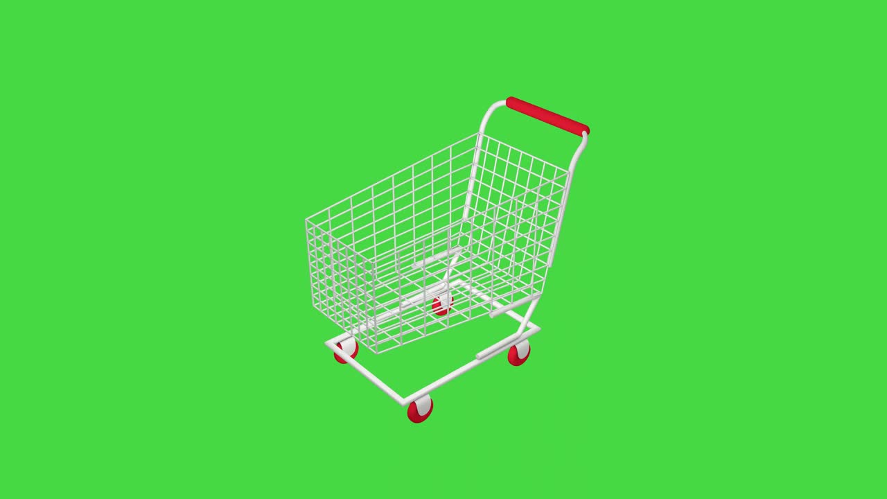 白色购物车在绿色屏幕上，旋转。网上购物的概念。3D循环动画。杂货篮2023年。视频下载