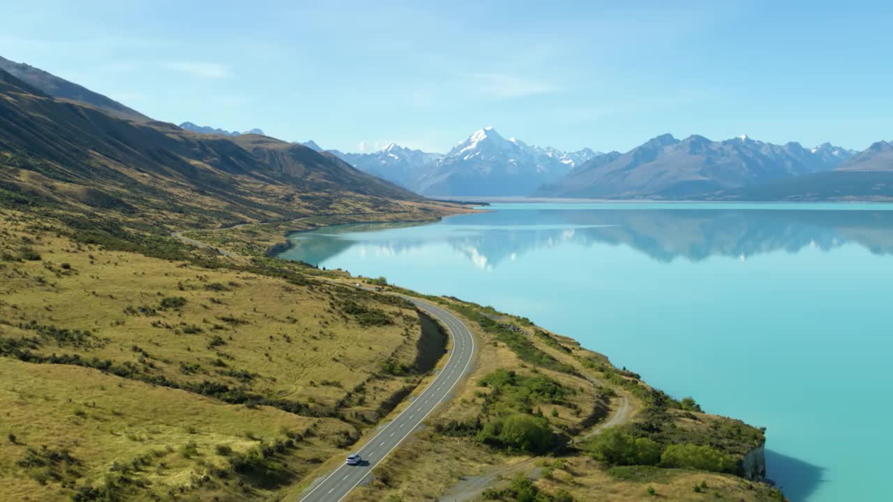 特卡波库克山，新西兰游客驾驶空中宽4K视频下载