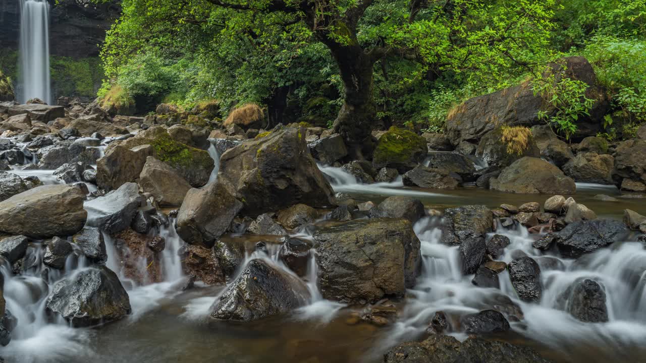 森林中瀑布的宁静景色，在印度森林，马哈拉施特拉邦的萨哈德里地区，瀑布的长时间曝光延时视频下载