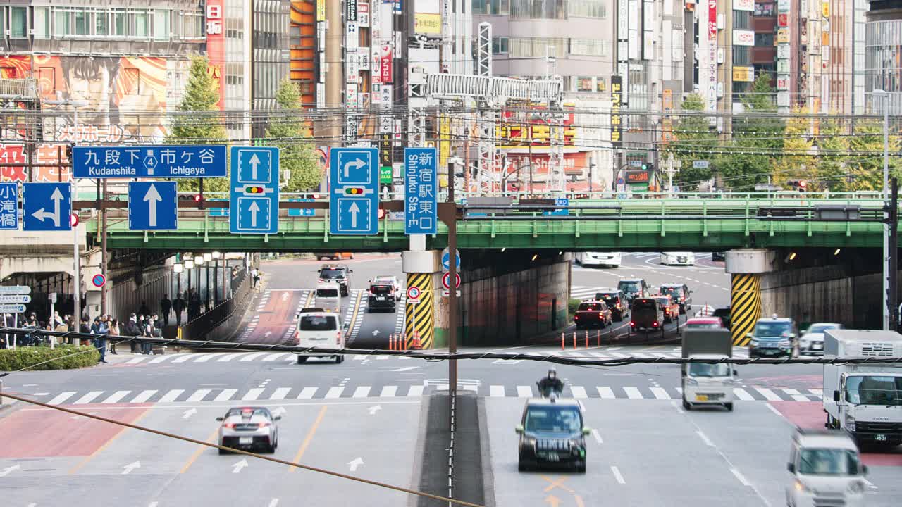 时间流逝的汽车，公共汽车交通运输在道路上，地铁列车在高架铁路轨道上，日本人走过交叉路口在新宿区，日本东京。亚洲交通，亚洲城市生活。视频下载
