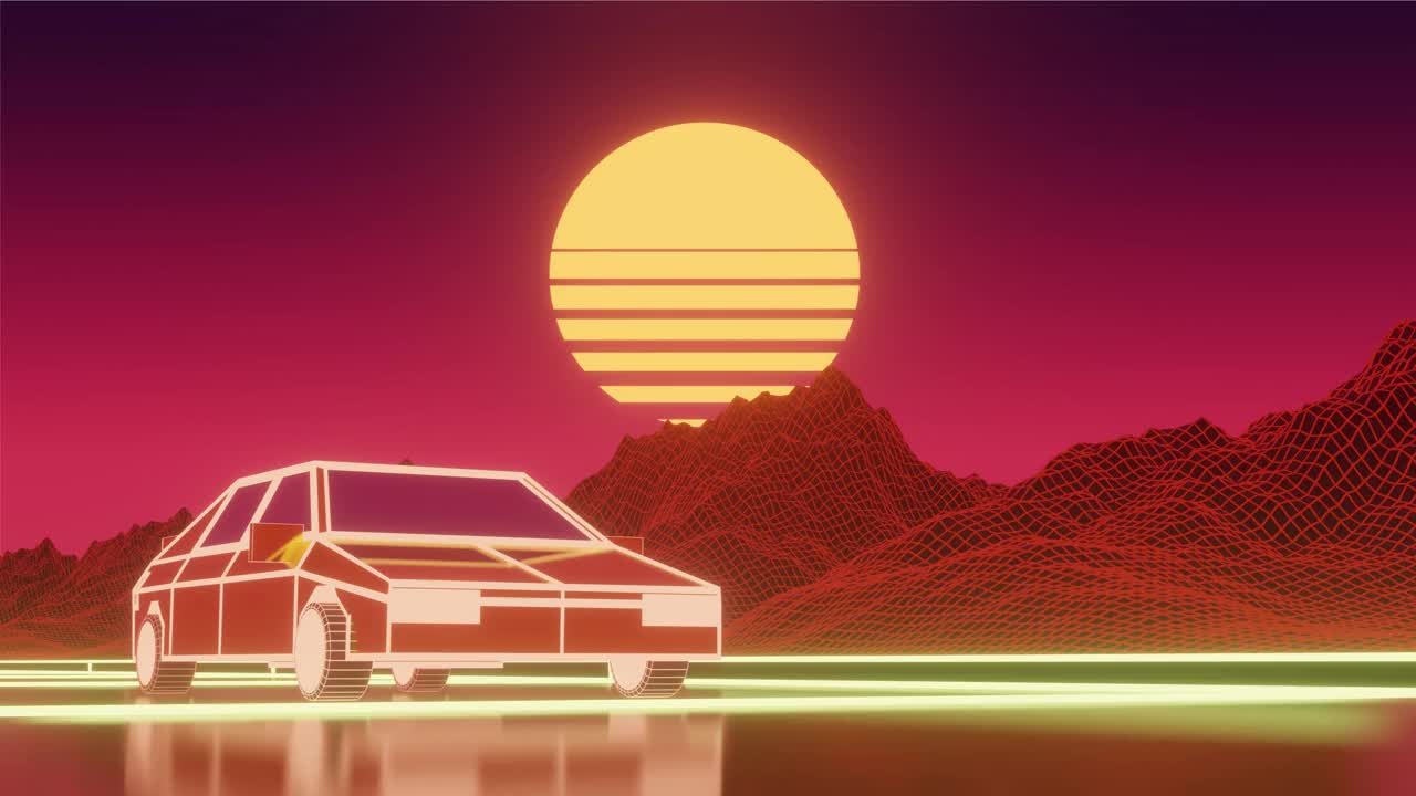 循环复古电脑图形风格的汽车通过风格化日落和山背景3D前视图股票动画视频沟移动视频下载