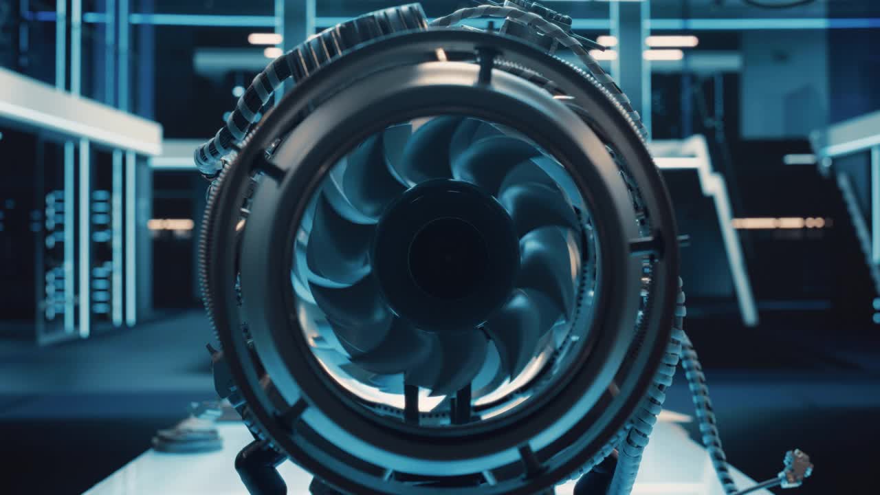 先进的未来涡轮发动机与移动风扇。现代工业喷气发动机研发中心。放大近距离镜头从内部涡扇发动机视频下载