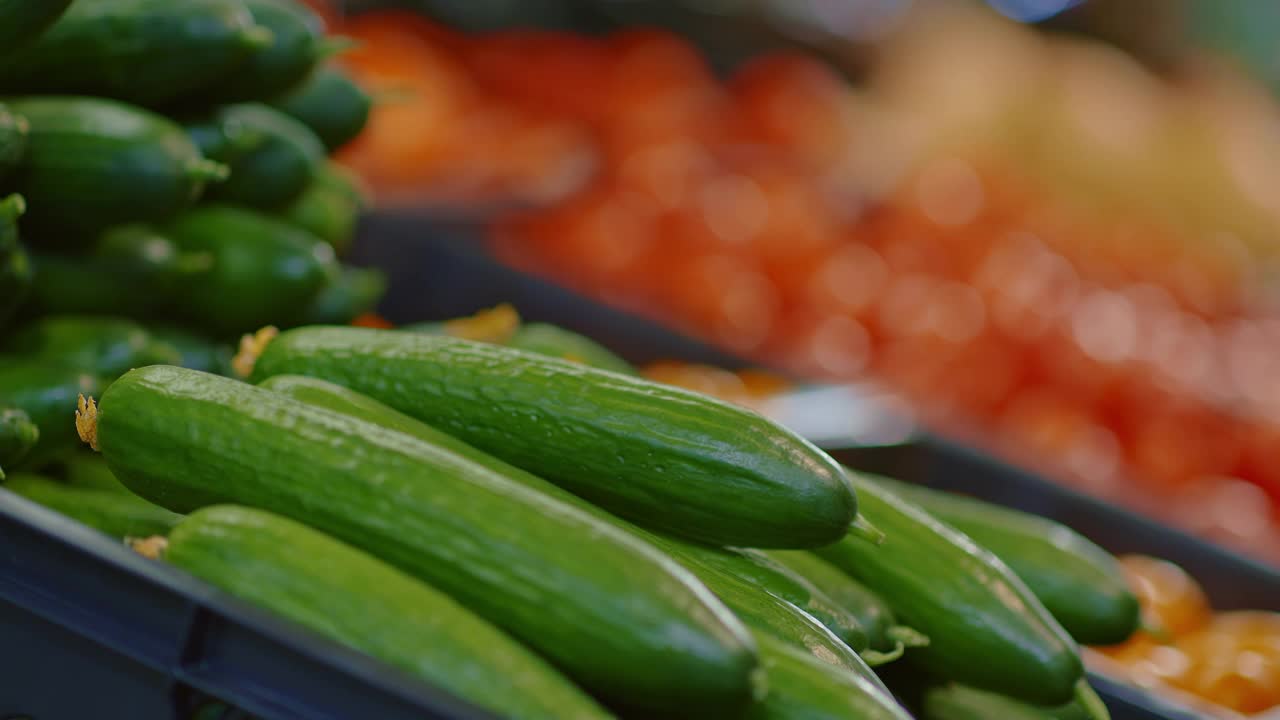 超市新鲜有机黄瓜，货架上的绿色蔬菜特写，4K, Prores视频下载
