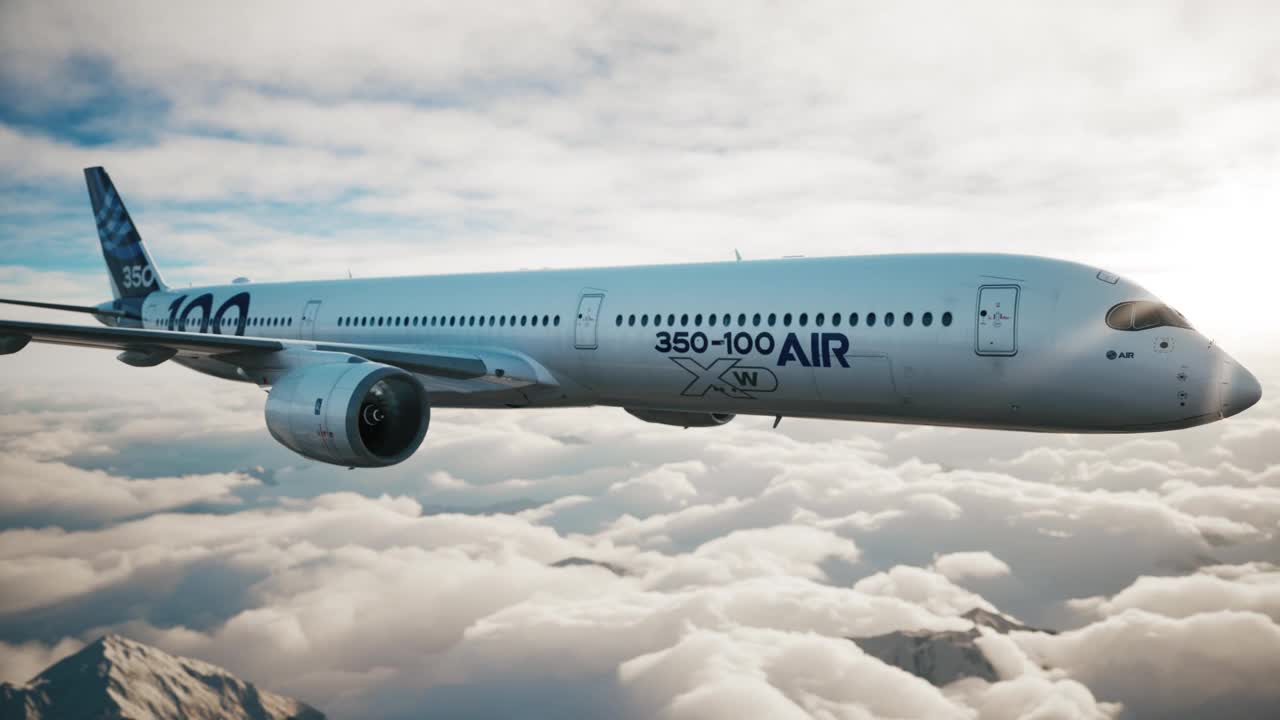 飞机飞过山和云。客机在云层之上的天空中飞行。三维动画视频下载