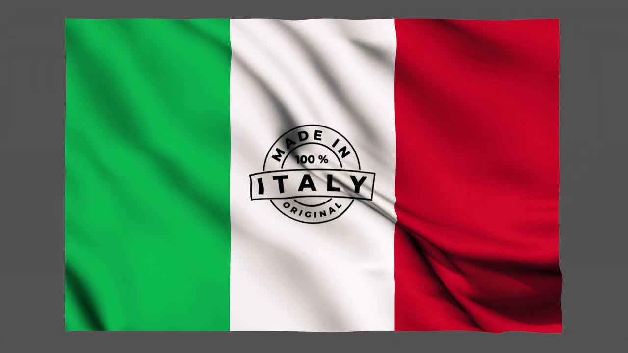 意大利国旗和意大利制造的标志被alpha频道隔离。意大利制造是一种商品标志，表明产品全部在意大利计划、制造和包装。意大利国旗视频下载