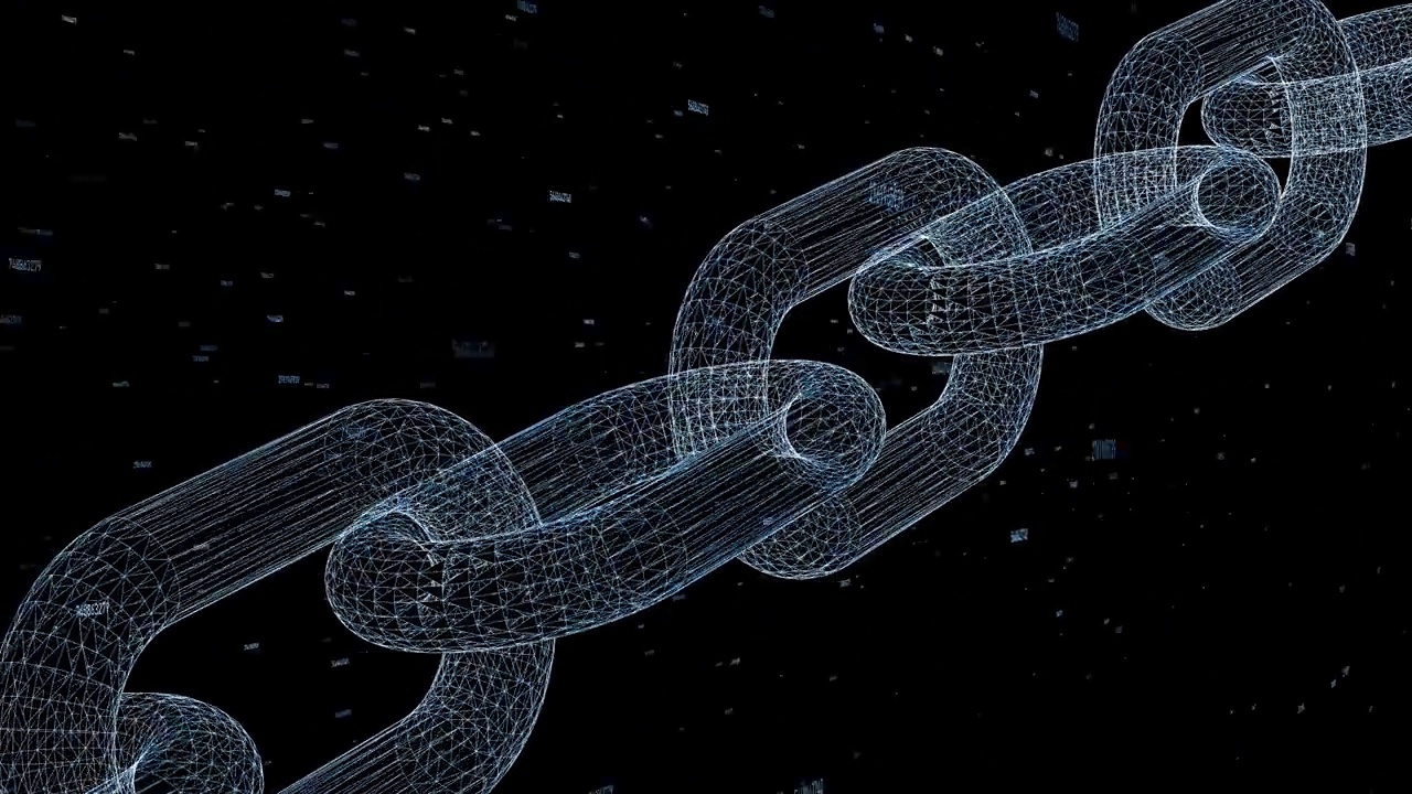 概念闪亮的蓝色区块链链运动在数字黑暗计算机网络空间网络背景。视频下载
