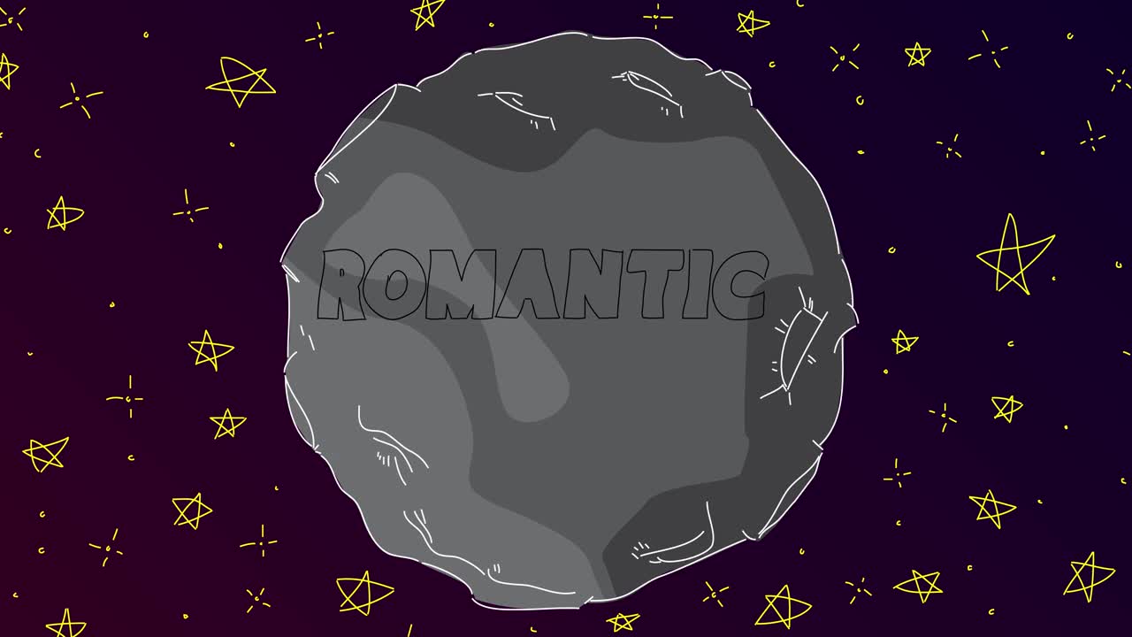 线条艺术卡通月亮与浪漫的文字。带有灰色行星和星星的抽象夜空。视频下载