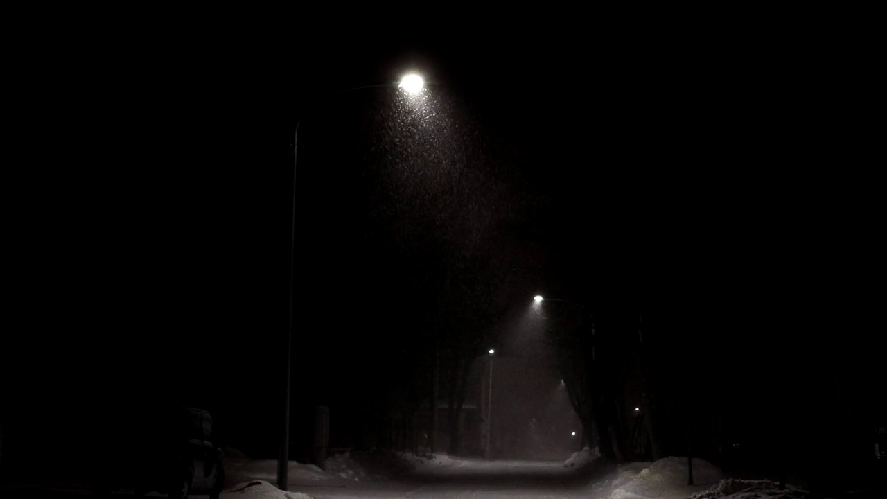 日本北海道- 2023年1月24日:凌晨2点，日本北海道Numuro的路灯照亮了暴风雪视频素材