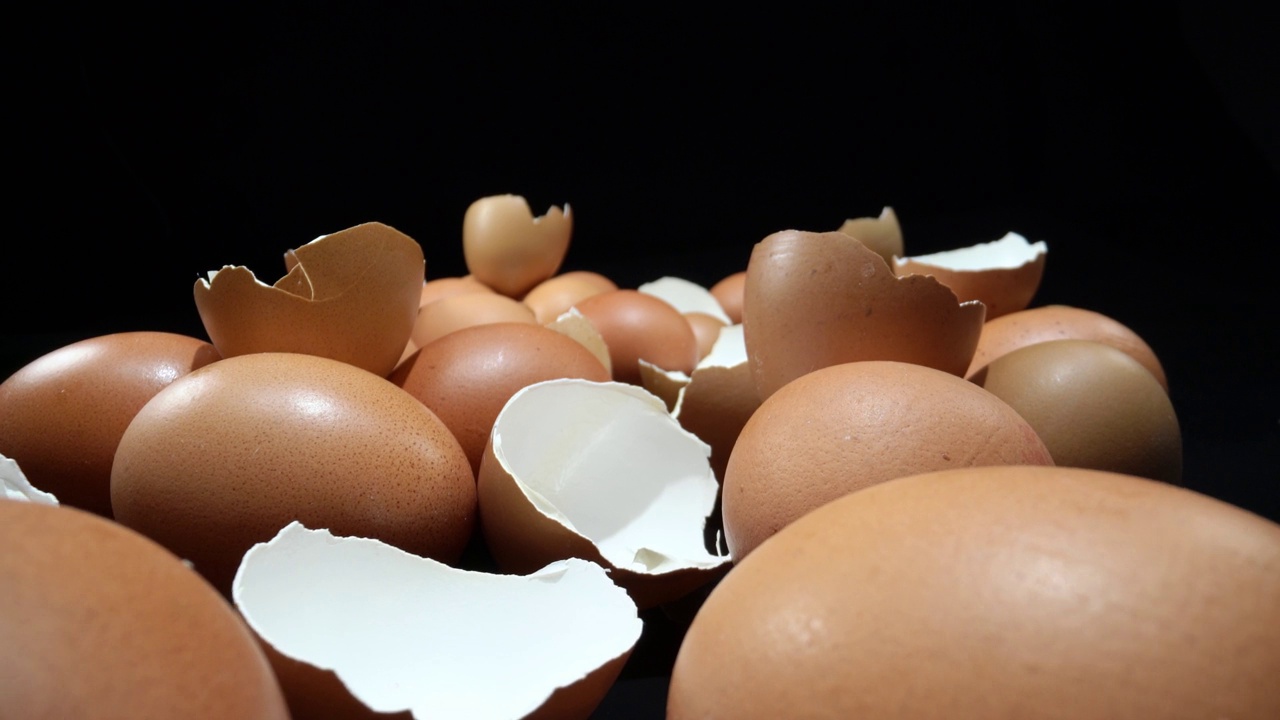黑色背景上的生鸡蛋和蛋壳。前进视频购买