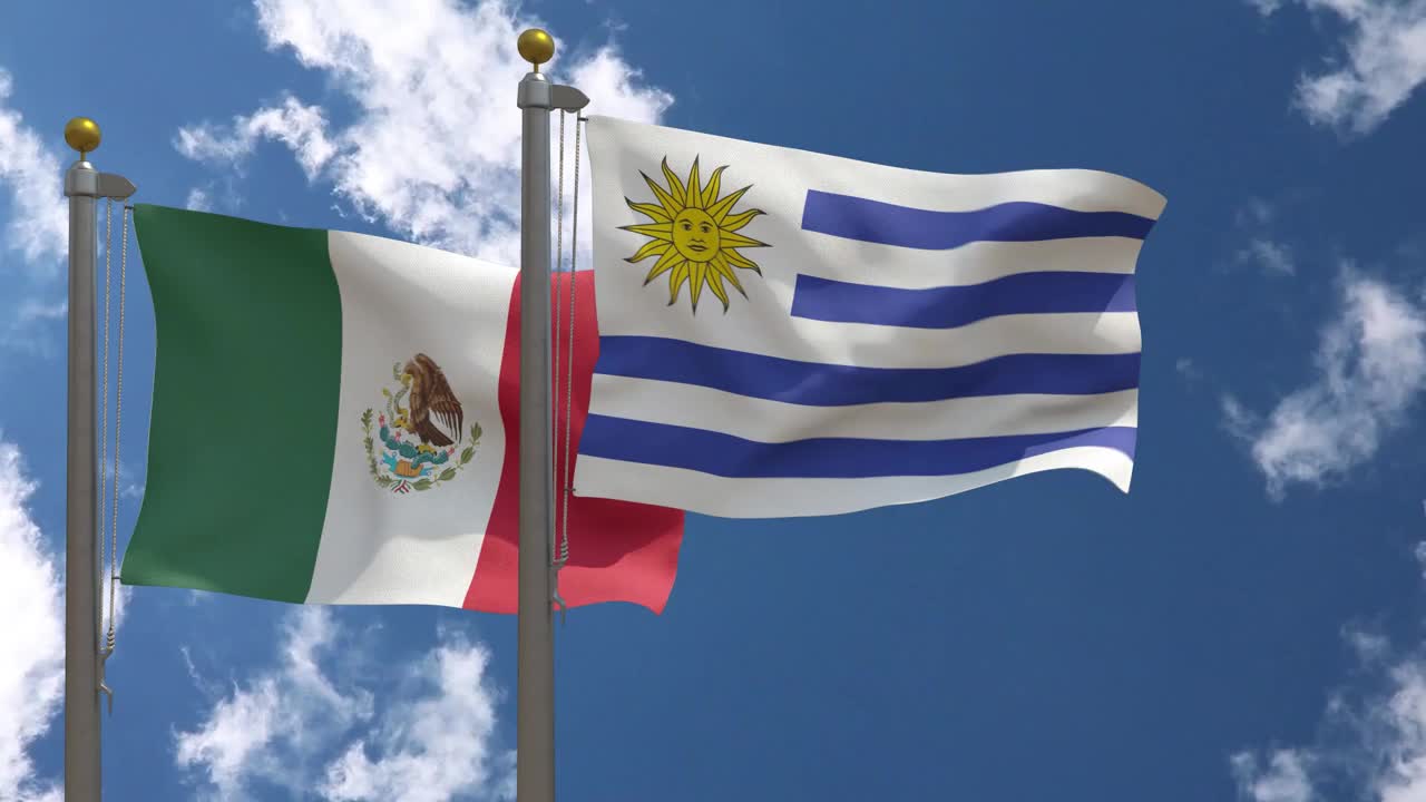 墨西哥国旗与乌拉圭国旗在一杆，3D渲染，两个旗帜视频下载
