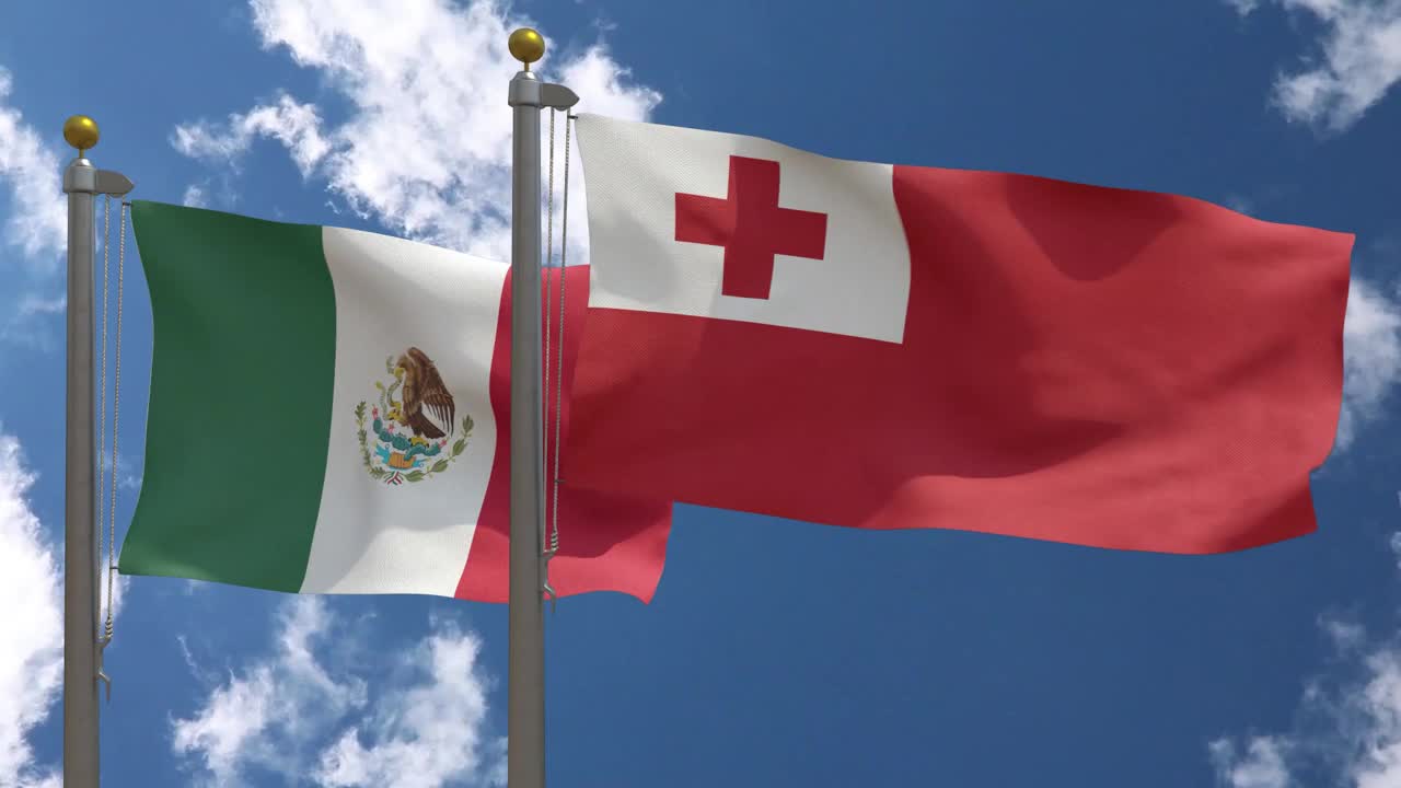 墨西哥国旗与汤加国旗在一杆，3D渲染，两个旗帜视频下载