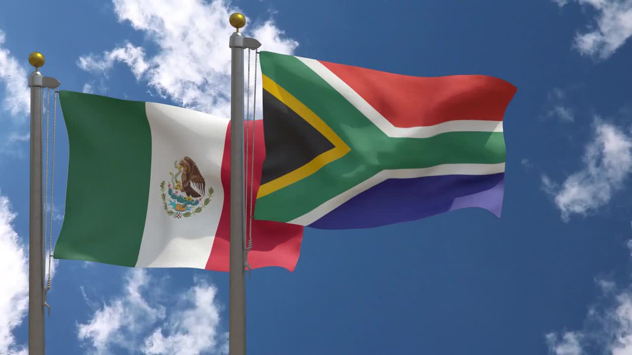 墨西哥国旗与南非国旗在一杆，3D渲染，两个旗帜视频下载