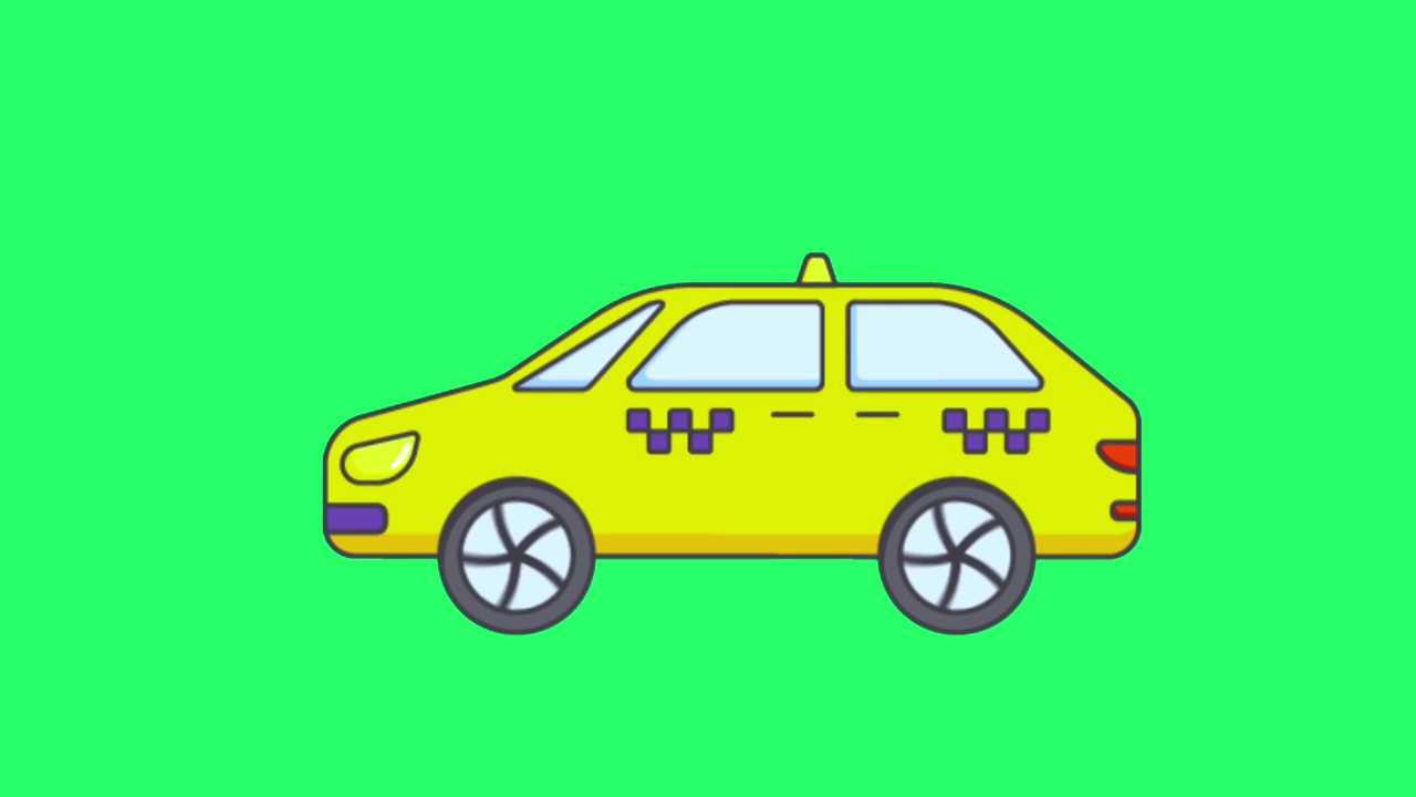 动画黄色汽车在绿色屏幕上。视频下载