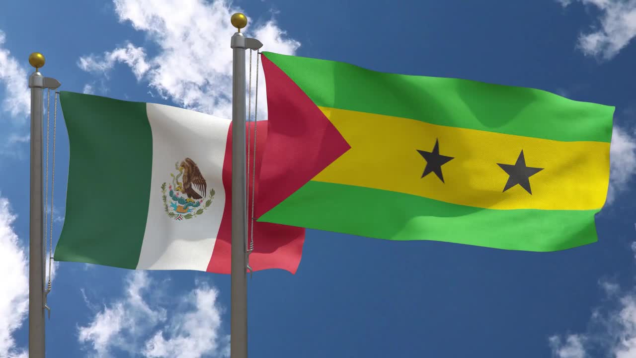 墨西哥国旗与圣多美和普林西比国旗在一杆，3D渲染，两面旗帜视频下载