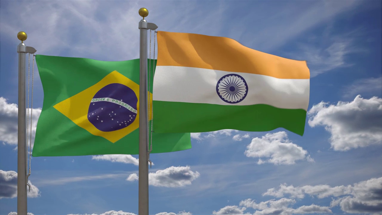 巴西国旗与印度国旗在一杆，3D渲染，两个旗帜视频下载
