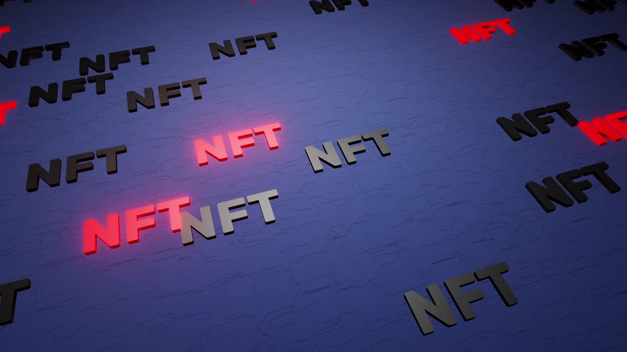 NFT加密符号图标在蓝色背景3d渲染。不可替代的独特收藏品，区块链和数字艺术品的令牌视频下载