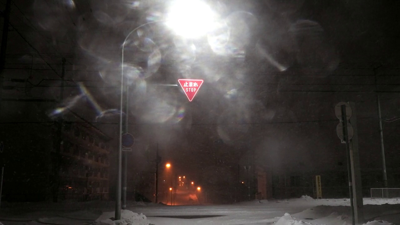 午夜时分，日本北海道Nemuro的街道上出现了大雪和强风视频素材