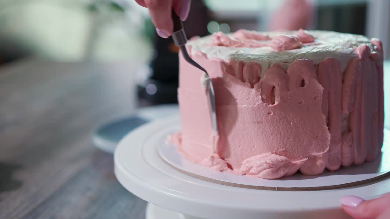 一个抹刀的特写，把奶油涂在粉红色的圆形蛋糕上视频下载
