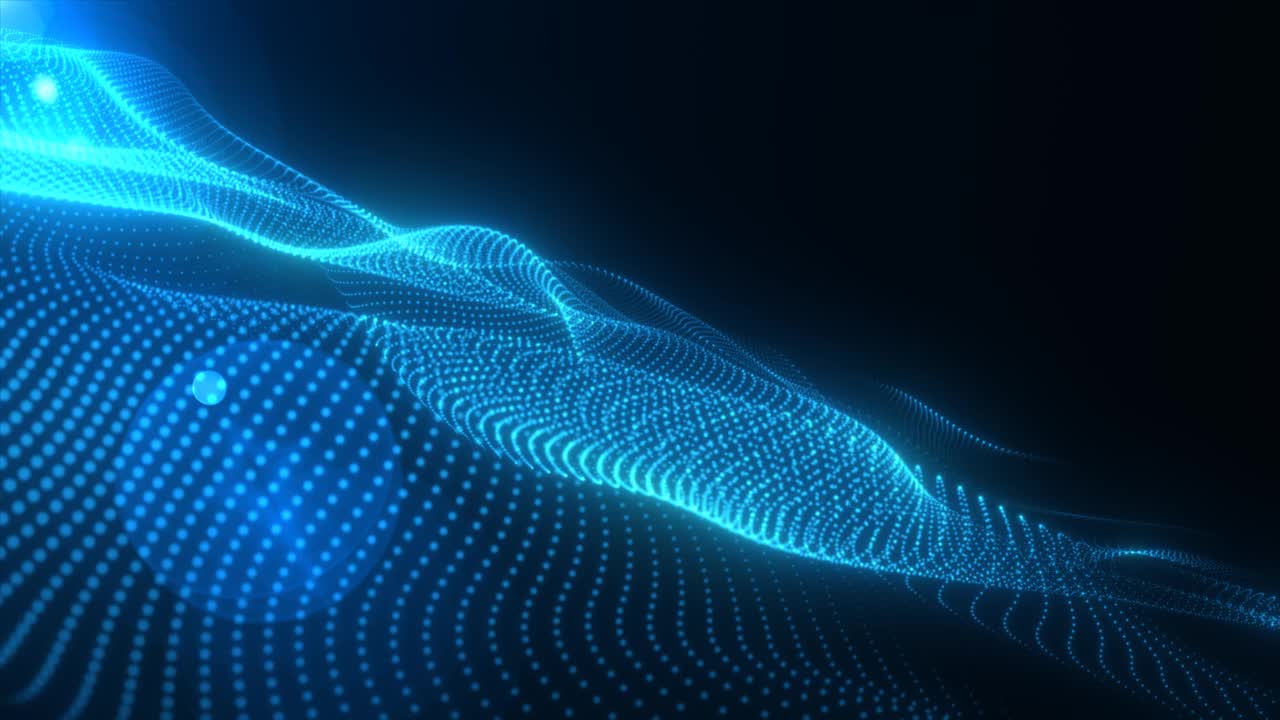 抽象的蓝色发光波从粒子和点能量神奇的未来高科技，抽象的背景。4k视频，运动设计视频素材