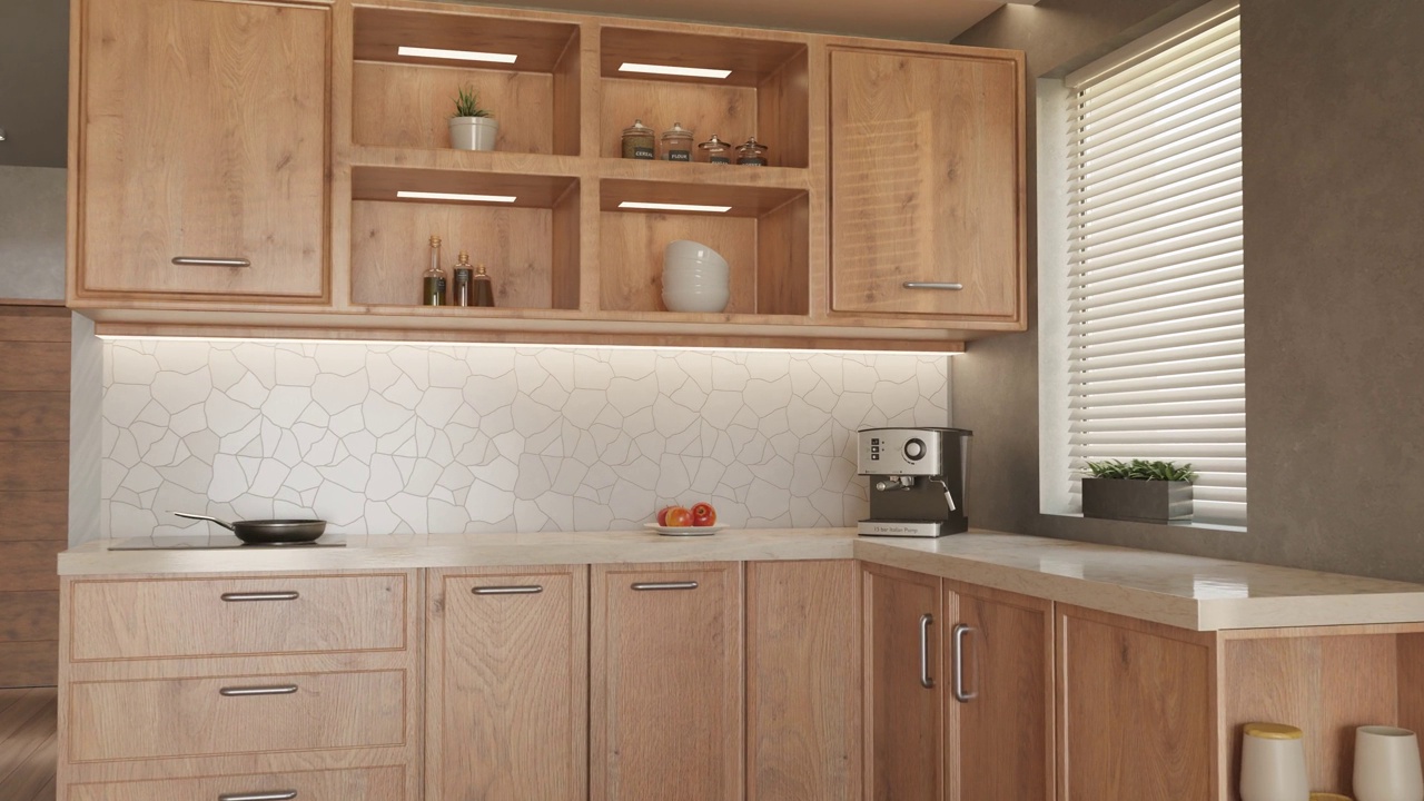 3D渲染室内厨房，木制橱柜视频下载