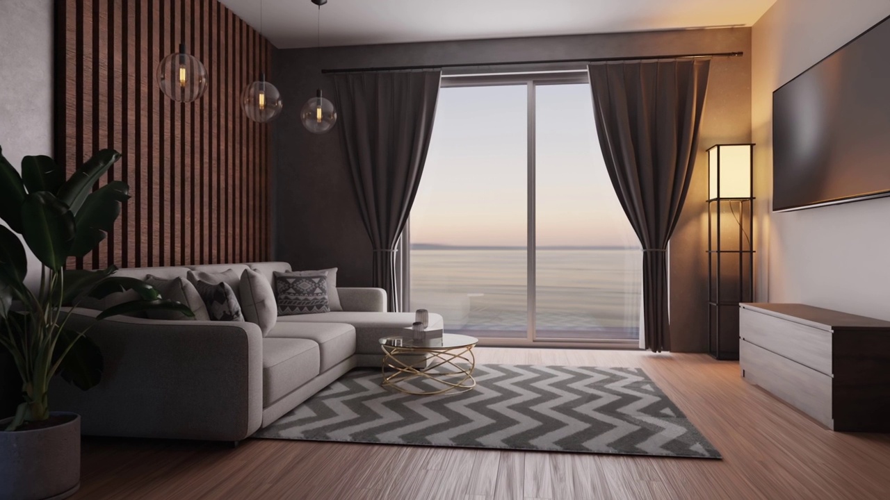 3D渲染客厅，灰色沙发视频下载