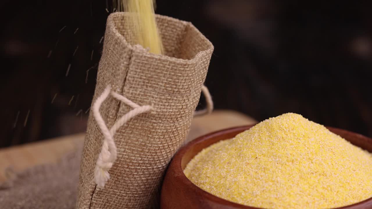 从玉米粒中倒入高质量的玉米粉视频下载
