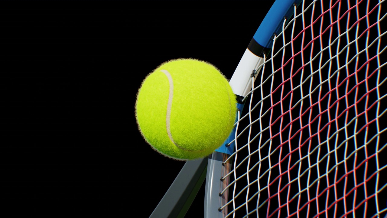 网球在两个打球球拍之间飞行的慢动作特写循环3d动画。网球拍在慢动作中击球的无缝插图。体育的概念视频下载