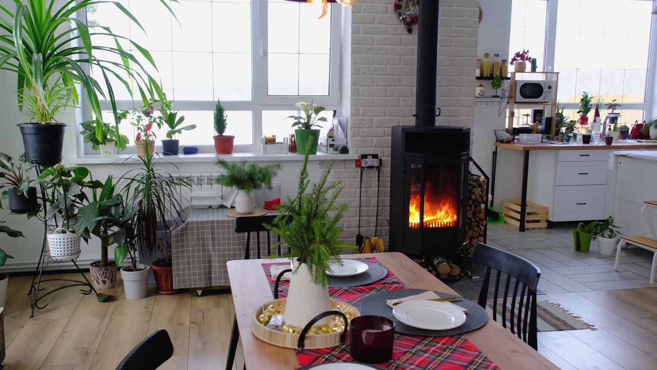 黑色火炉，阁楼风格的房子内部的壁炉。替代环保供暖，温暖舒适的房间在家里，燃烧木材视频素材