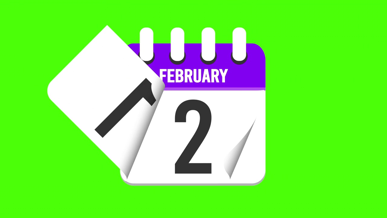 2月9日。日历出现，页面下降到2月9日。绿色背景，色度键(循环4k)视频下载