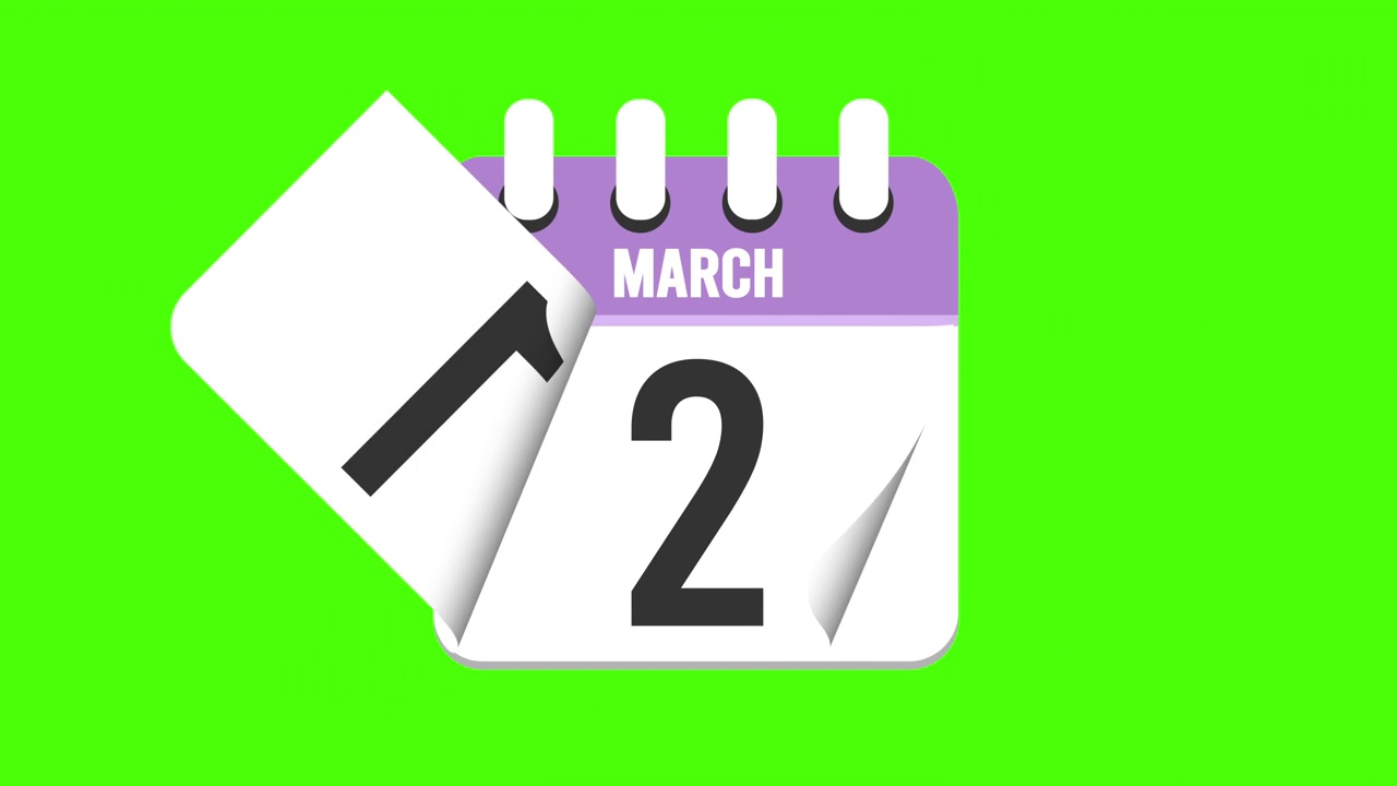 3月8日。日历出现，页面下降到3月8日。绿色背景，色度键(循环4k)视频下载