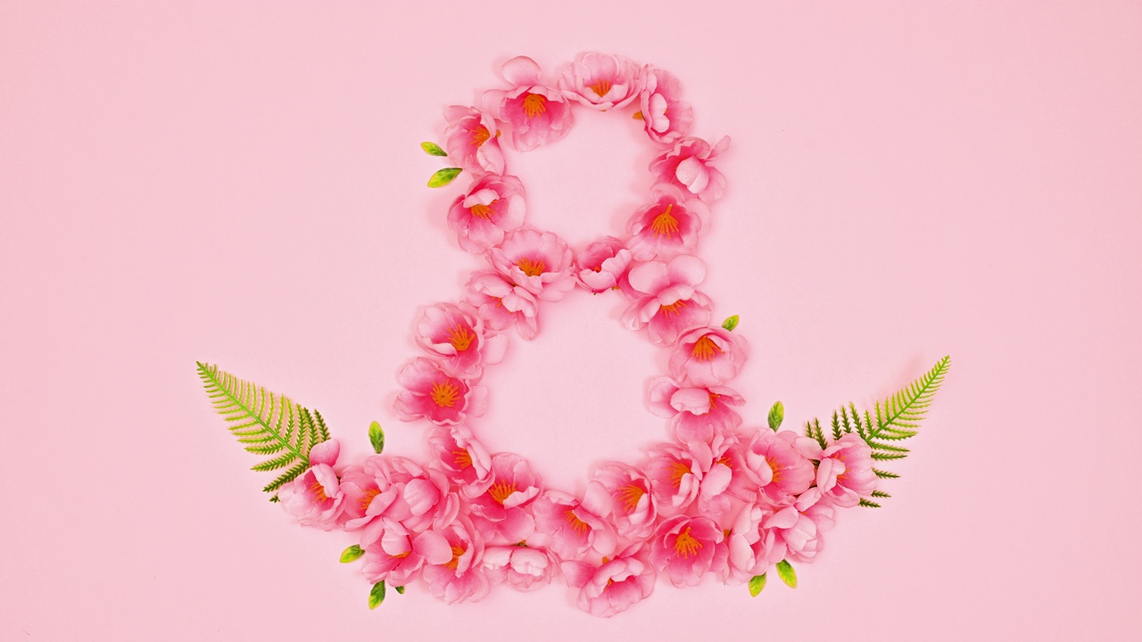妇女节的安排与春天的花朵使3月8日装饰在粉彩的粉红色背景。平铺止动视频购买