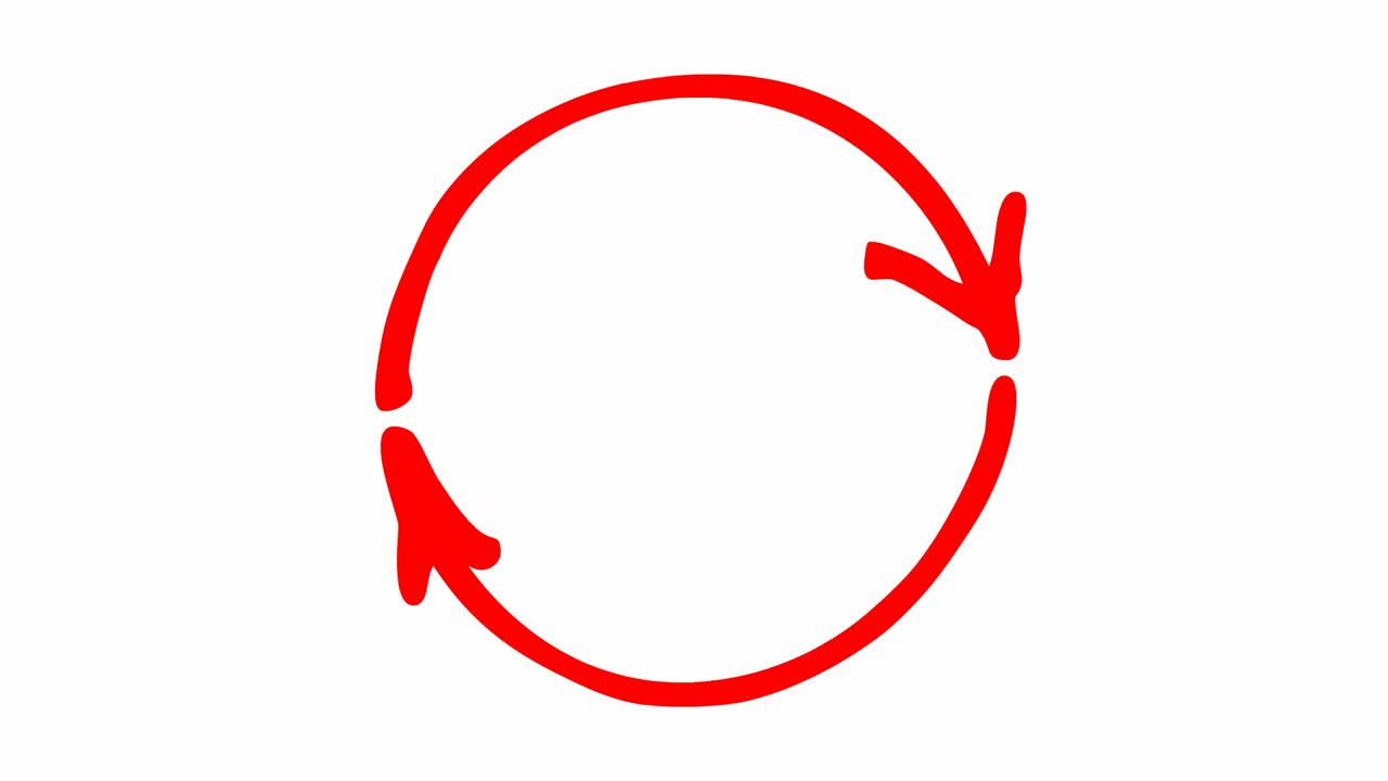 圆形箭头的动画图标。重载旋转的红色符号。毛圈的视频。手绘矢量插图孤立在白色背景上。视频素材