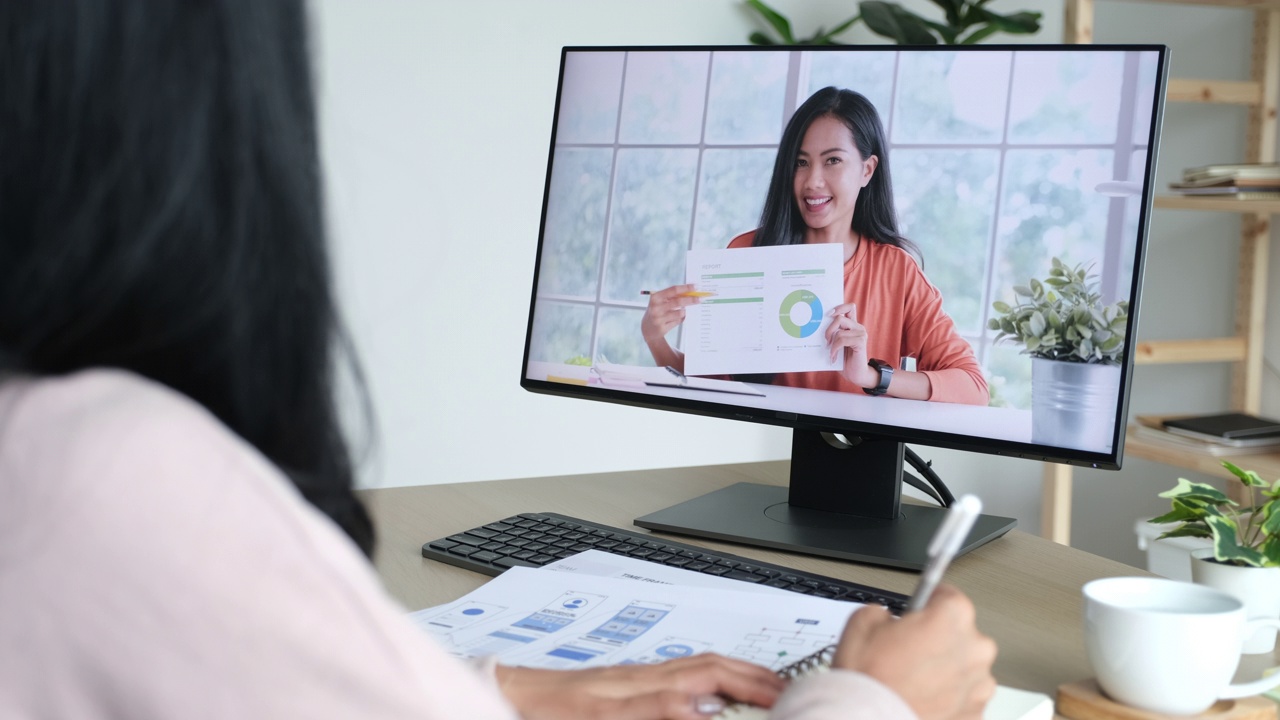 亚洲女商人在视频会议上谈论销售报告。亚洲女性和团队使用电脑进行视频电话在线会议，在家工作视频素材