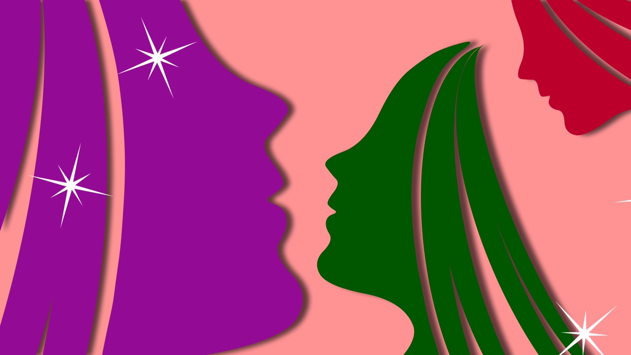 三个女人的脸在粉红色的背景动画。概念为妇女节，女性护理和美容院。视频下载