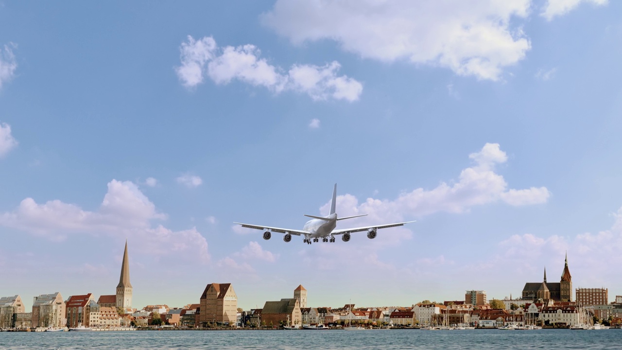 客机飞行和降落罗斯托克德国。飞机的概念视频素材