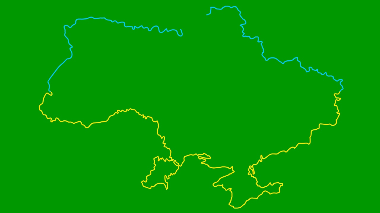 一个动画的黄蓝地图逐渐绘制出来。线性符号。乌克兰的国家。矢量插图孤立在绿色背景上。视频下载
