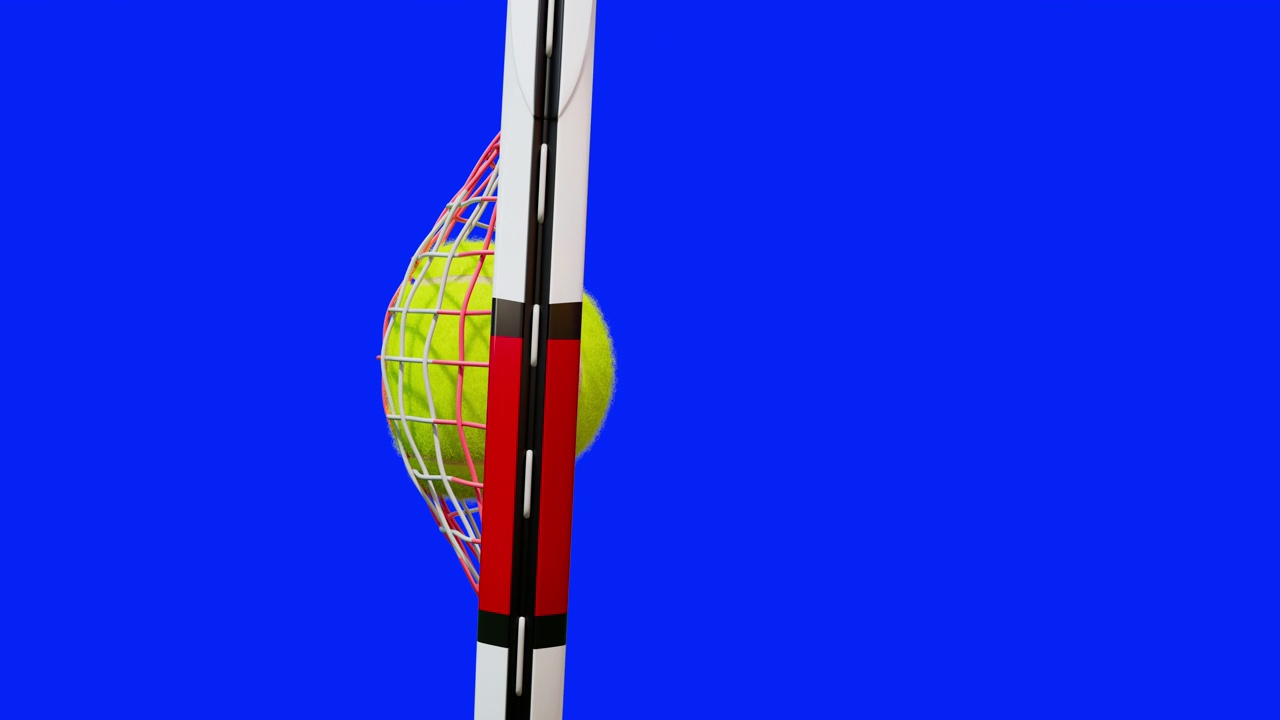 网球发球慢动作特写绿幕。球拍打网球3d动画孤立在黑色和蓝色背景。体育的概念视频下载