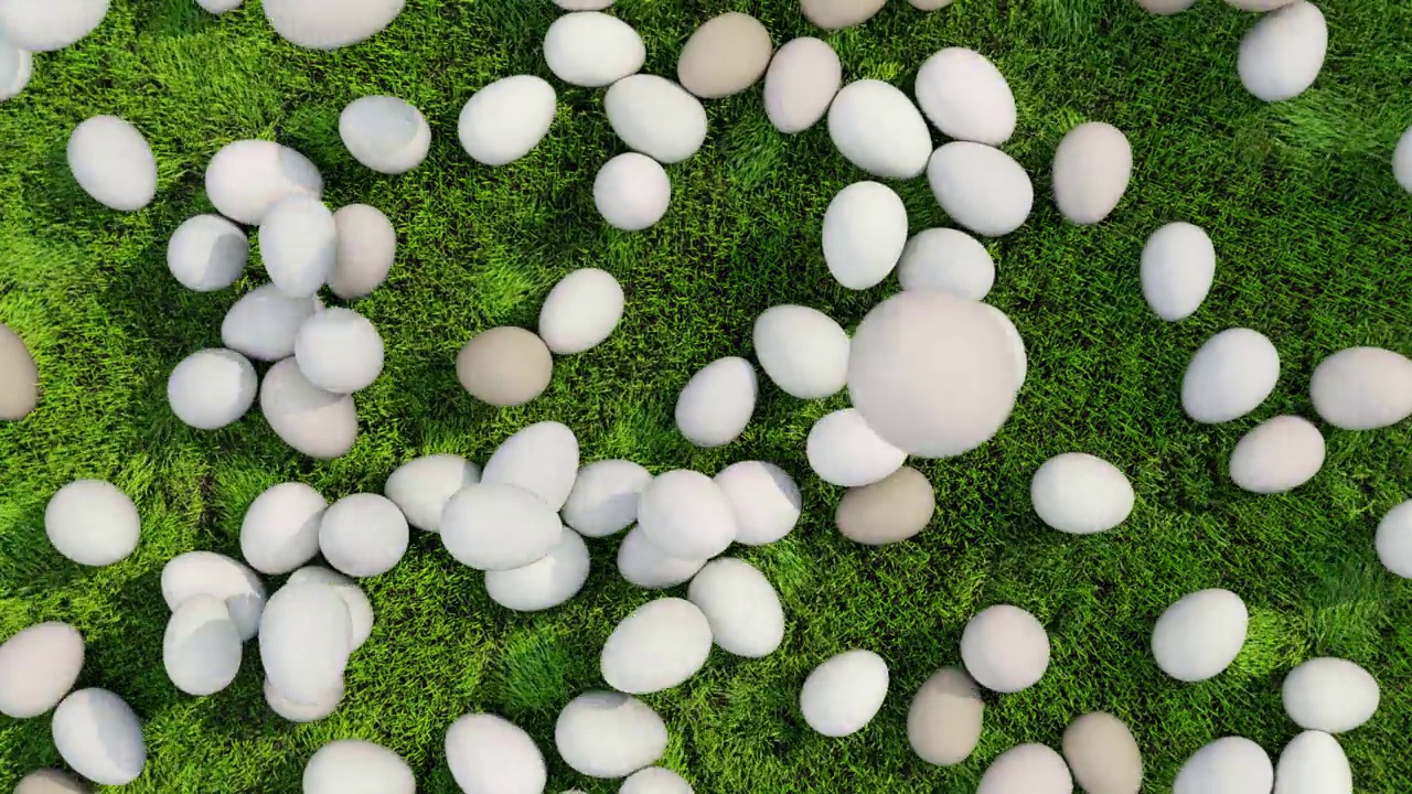 很多蛋落在多汁的绿草地上，填满了整个草地。视频下载