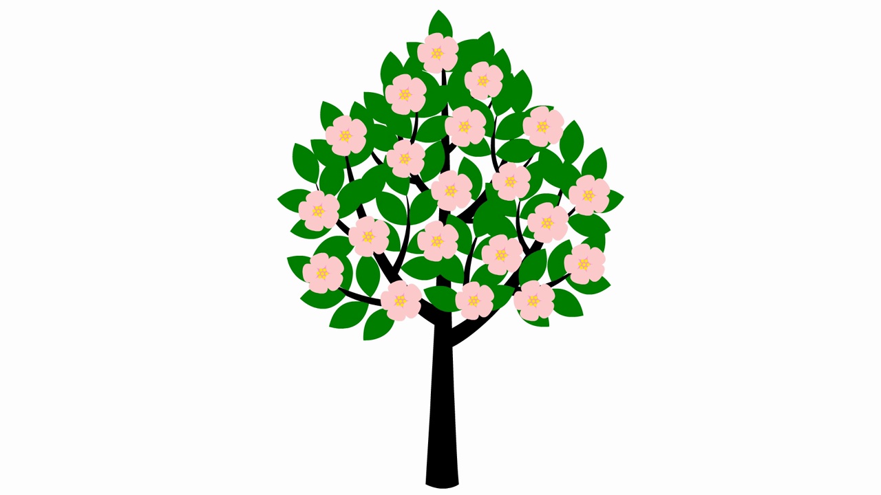 树渐渐长大了，黑色的树枝上出现了绿叶。粉红色的花正在盛开。黑色的符号。春天的概念。平面矢量插图孤立在白色背景上。视频下载