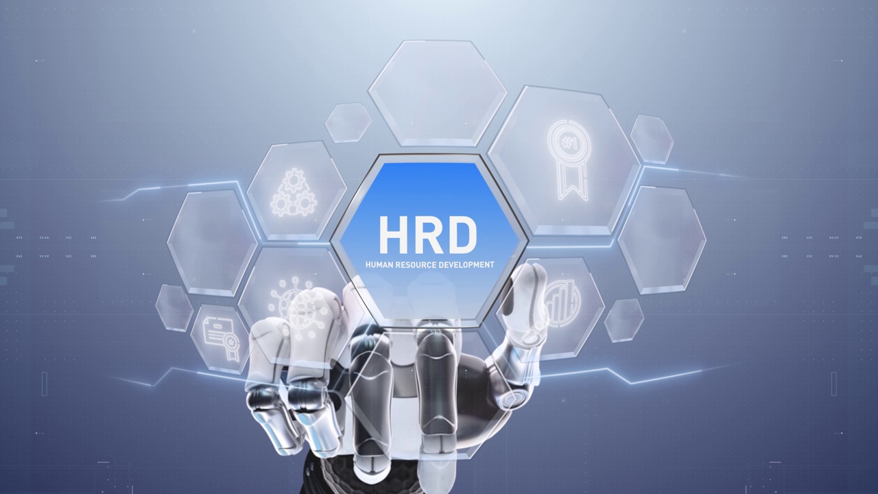HRD人力资源开发机械手触摸，触摸未来，界面技术，未来用户体验，旅程与技术概念，数字屏幕界面视频下载