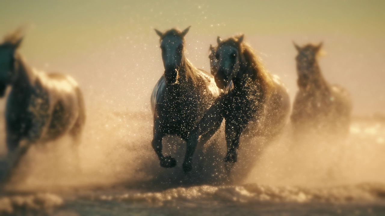 超慢镜头美丽的马匹在阳光明媚的海洋中奔跑和戏水视频下载