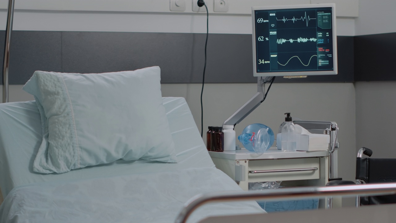 有医疗设备的空病房病床特写视频下载