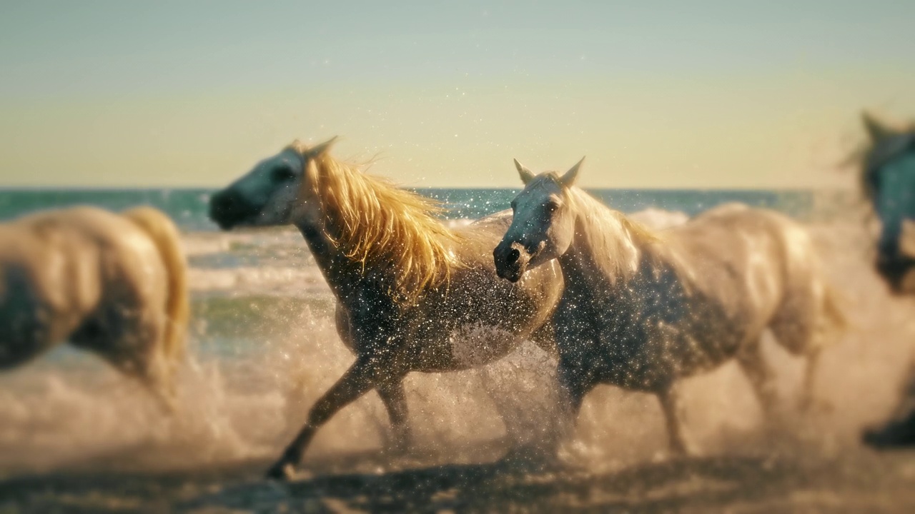 慢镜头，美丽的白马在海里奔跑和戏水视频下载