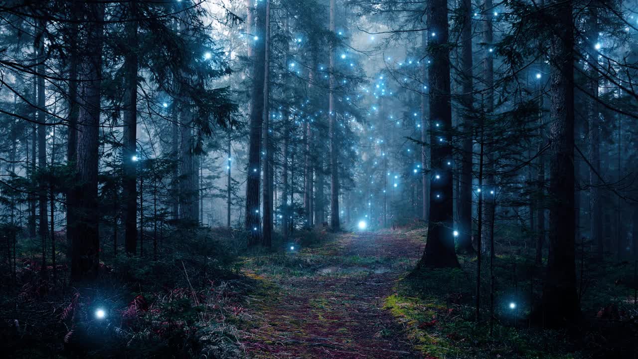 神秘的黑暗雾蒙蒙的森林小径与神奇的飞行萤火虫。童话故事。视频素材